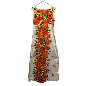 Vintage 60s Ui-Maikai Hawaiian Maxi Dress Orange Hibiscus Floral Sleeveless